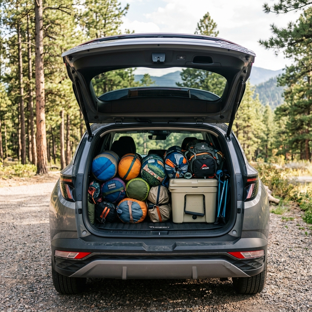 Open trunk of a silver SUV packed with colorful sleeping bags, a tan cooler, backpack, and camp chairs in a forest. (Representative image for illustration purposes only. Actual vehicle may vary based on trim and configuration.)