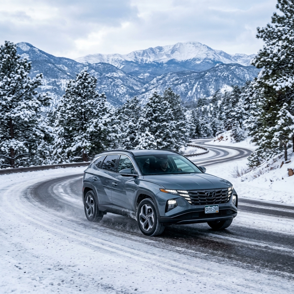 Gray Hyundai Tucson driving on a snowy mountain curve surrounded by snow-covered pine trees and peaks. (Representative image for illustration purposes only. Actual vehicle may vary based on trim and configuration.)