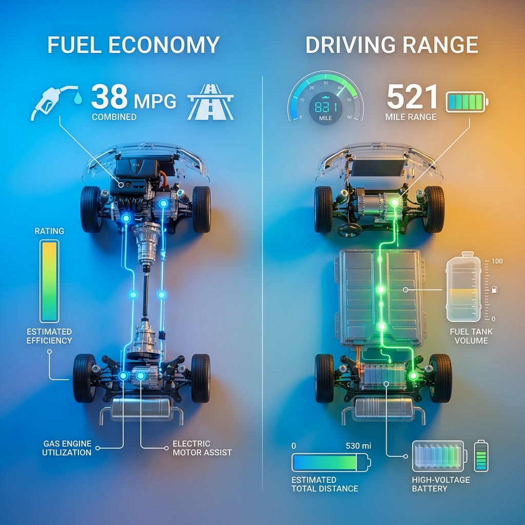Infographic comparing vehicle fuel economy of 38 MPG with a 521-mile driving range using hybrid drivetrain diagrams. (Representative image for illustration purposes only. Actual vehicle may vary based on trim and configuration.)