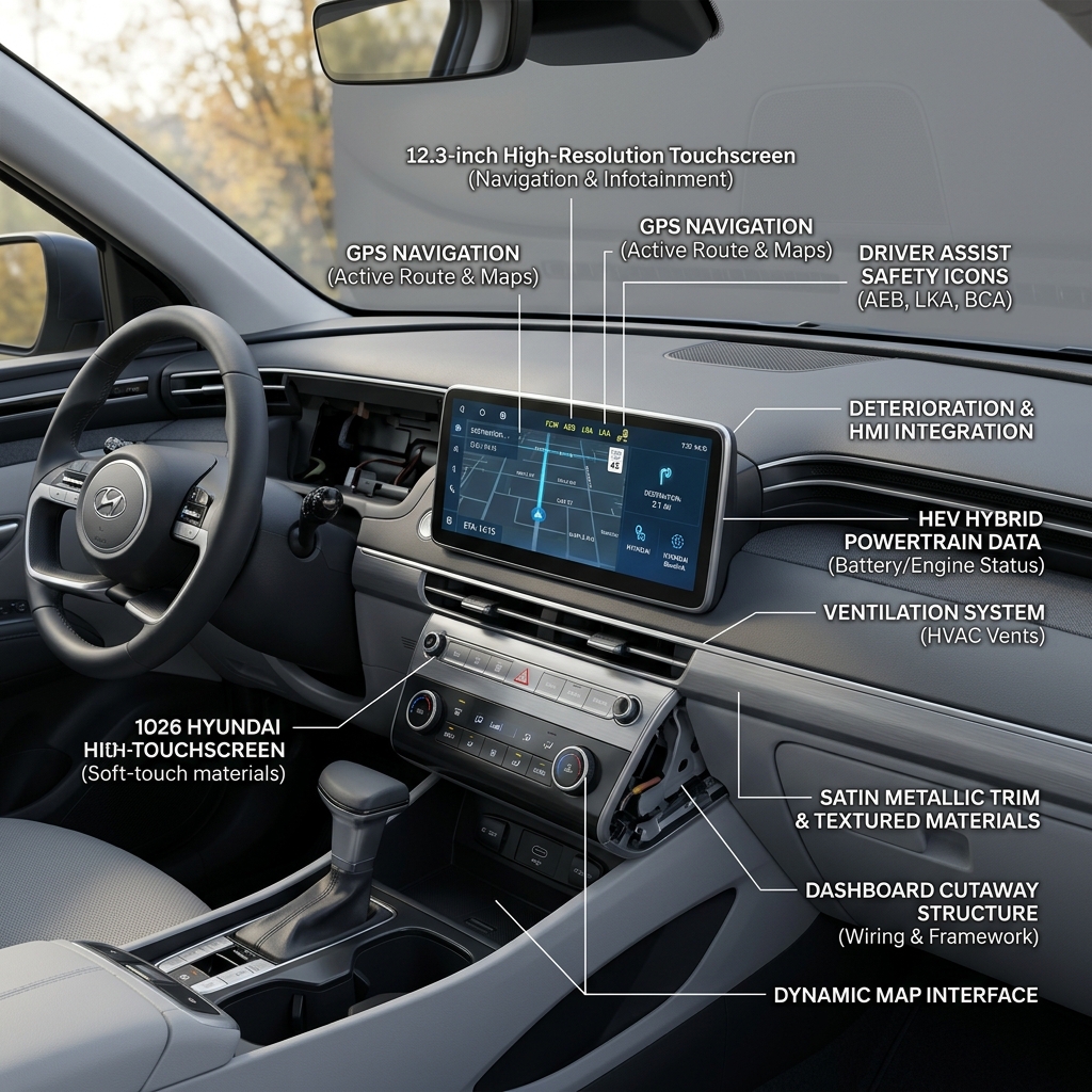 Labeled interior view of a Hyundai car dashboard highlighting touchscreen, navigation, and structural cutaway. (Representative image for illustration purposes only. Actual vehicle may vary based on trim and configuration.)