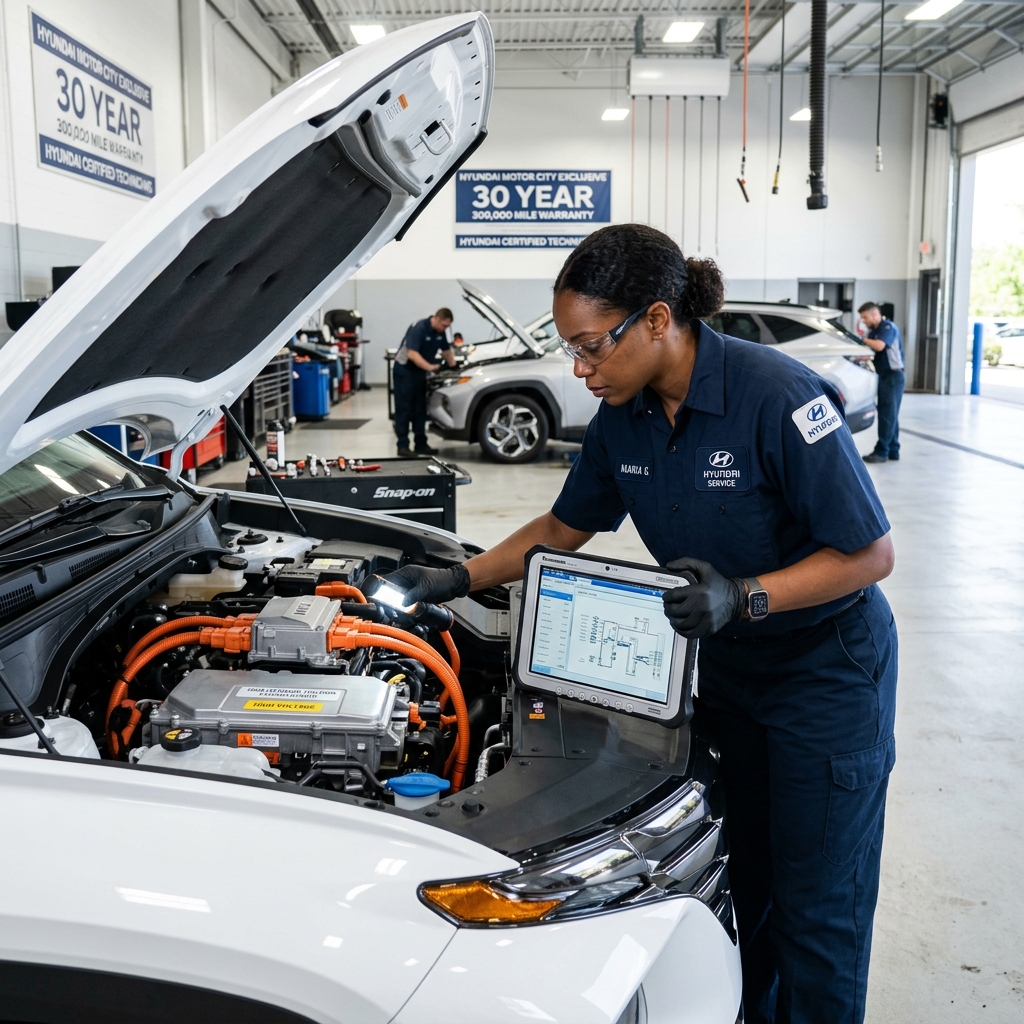 A female Hyundai technician in a blue uniform uses a tablet and flashlight to inspect an electric vehicle engine bay. (Representative image for illustration purposes only. Actual vehicle may vary based on trim and configuration.)