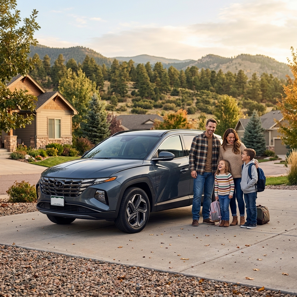 A family of four standing next to a grey SUV on a suburban driveway with pine-covered hills in the background. (Representative image for illustration purposes only. Actual vehicle may vary based on trim and configuration.)