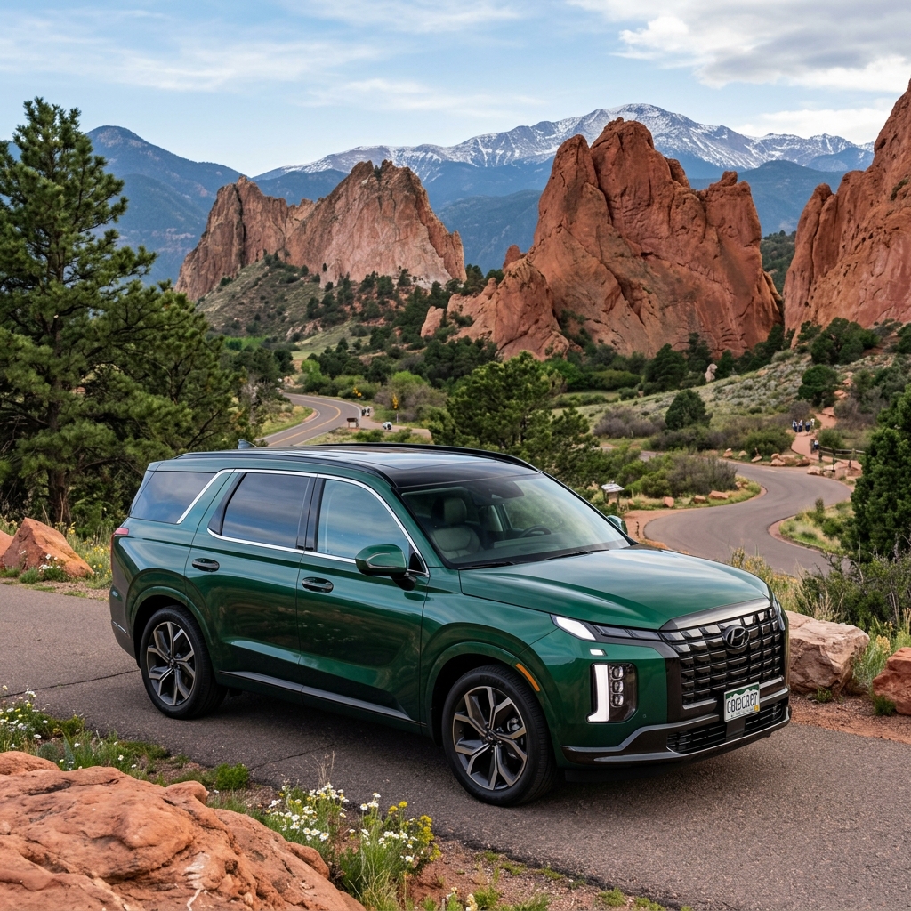 A green Hyundai Palisade SUV parked near red rock formations with snow-capped mountains in the background. (Representative image for illustration purposes only. Actual vehicle may vary based on trim and configuration.)