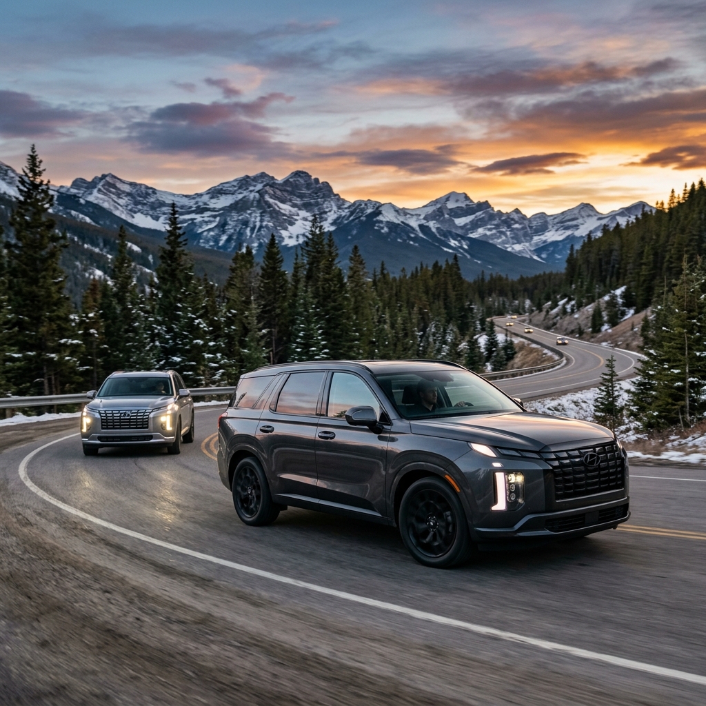 Dark grey and silver Hyundai Palisade SUVs driving on a winding road with snow-capped mountains at sunset. (Representative image for illustration purposes only. Actual vehicle may vary based on trim and configuration.)