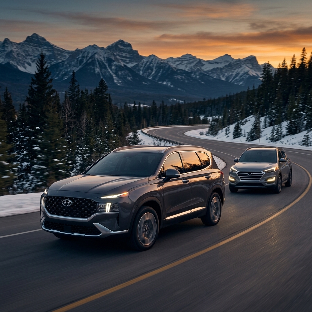 Two Hyundai SUVs driving along a winding mountain road with snow-covered peaks at sunset. (Representative image for illustration purposes only. Actual vehicle may vary based on trim and configuration.)