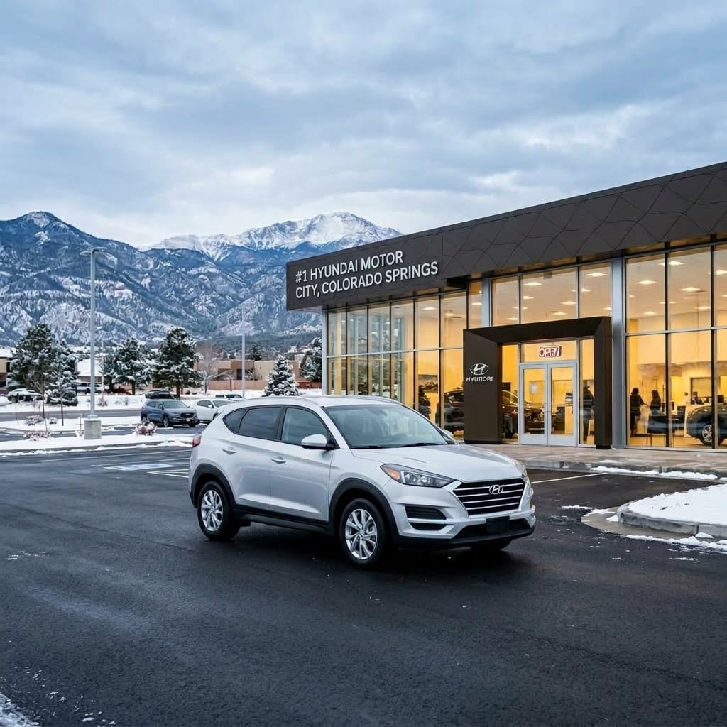 A wide eye-level commercial photograph capturing the exterior of a modern automotive dealership showroom in Colorado Springs during early winter. A pristine silver compact Hyundai SUV sits in the foreground on a freshly plowed asphalt lot with light snow dusting the edges. In the background, the dealership features large glass windows, clean steel paneling, and a well-lit showroom floor. Pikes Peak and the Rocky Mountain foothills rise softly in the distant background under an overcast, cool blue winter sky. Diffused natural winter daylight creates soft reflections along the vehicle body lines and the wet lot surface. No readable text, logos, or license plates are visible. The atmosphere is crisp, professional, and seasonal. (Representative image for illustration purposes only. Actual vehicle may vary based on trim and configuration.)