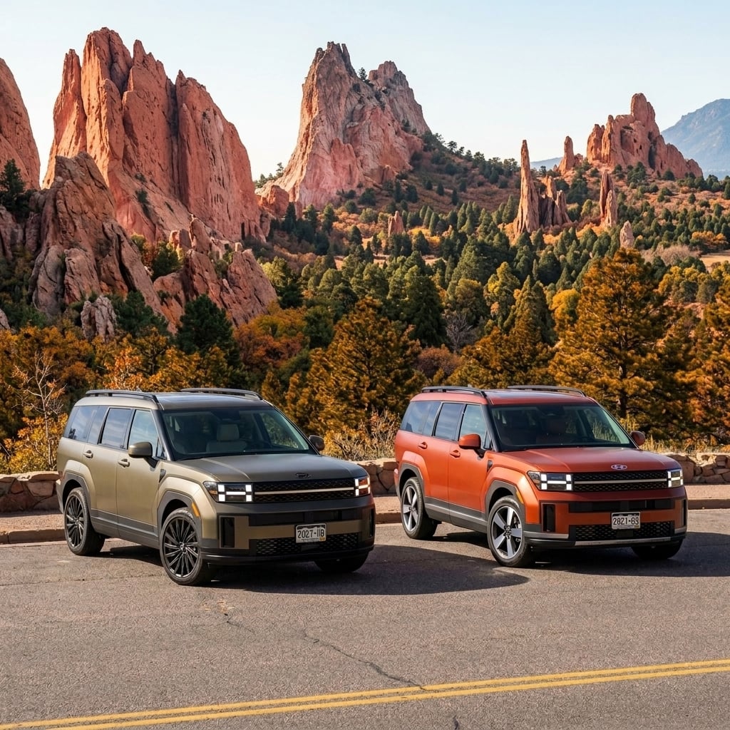 A front three-quarter view photography comparison of two 2027 Hyundai Santa Fe SUVs parked side-by-side on a paved scenic turnout in El Paso County near Colorado Springs. On the left sits a 2027 Hyundai Santa Fe Hybrid in an Earthy Brass Matte finish, and on the right is a 2027 Hyundai Santa Fe gas model in Terracotta Orange. Both modern three-row family SUVs showcase their bold boxy silhouette, pixelated H-shaped LED daytime running lights, and distinctive front grilles. The background features rolling pine-forested foothills with the iconic distant ridge of Pikes Peak under a crisp, clear autumn sky. Bright natural morning sunlight casts subtle highlights across the sculpted body panels and clean alloy wheels, creating a balanced, authentic lifestyle comparison scene. (Representative image for illustration purposes only. Actual vehicle may vary based on trim and configuration.)