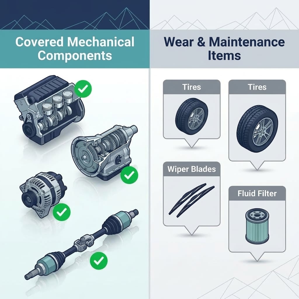 A clean, modern 3D infographic visual breakdown comparing covered major mechanical vehicle components against routine maintenance wear items. On the left section, titled Covered Mechanical Components, stylized rendering cutaways of an engine block, automatic transmission gear assembly, alternator, and drive axles are highlighted with green status checkmarks. On the right section, titled Wear & Maintenance Items, brake pads, tires, wiper blades, and a fluid filter are shown in clean neutral gray callout boxes. The overall design features an isometric split-panel comparison layout with subtle geometric mountain line art in the header background, using a cool palette of navy blue, slate, light teal, and vibrant green accents for clear data organization. (Representative image for illustration purposes only. Actual vehicle may vary based on trim and configuration.)