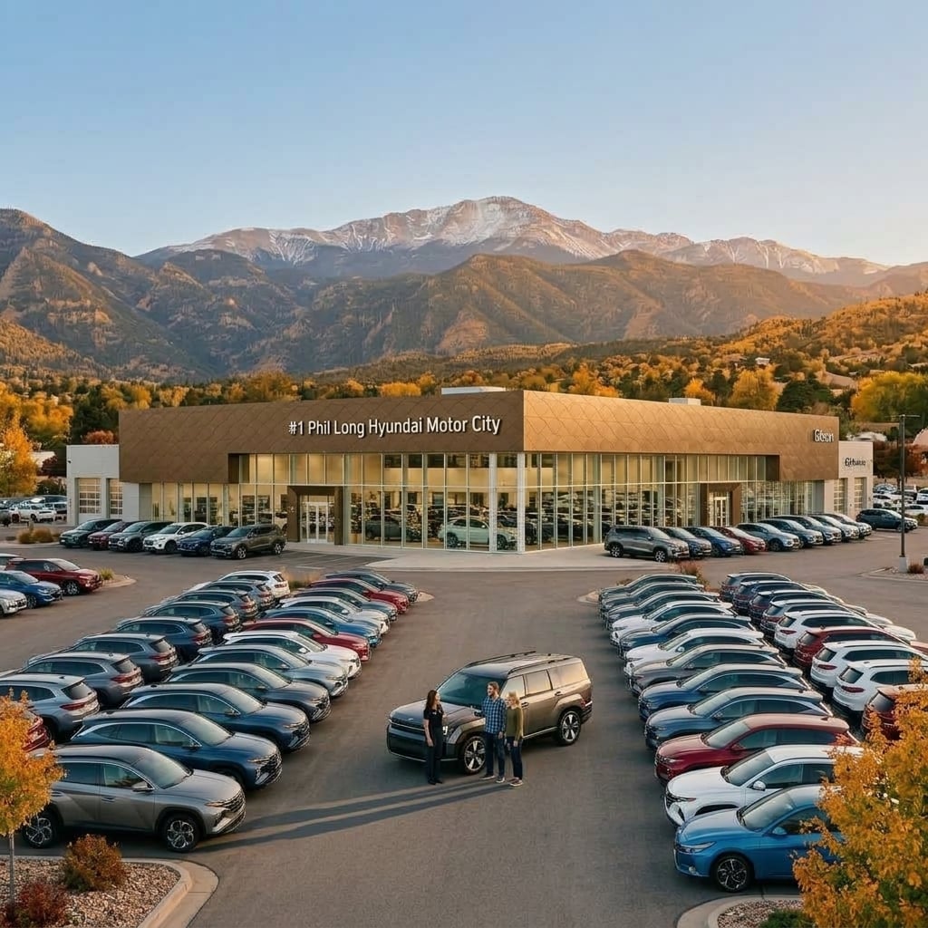 A wide-shot commercial photograph of a modern automotive dealership showroom set against the backdrop of the Rocky Mountain Front Range in Colorado Springs during early autumn. The contemporary architectural building features expansive glass panels and clean silver framing that reflect the high-altitude atmosphere. Neat rows of modern crossover SUVs and sedans in metallic grey, blue, and white are parked on a pristine paved lot in the foreground. Warm golden-hour sunlight washes over the scene, casting soft shadows and highlighting subtle golden fall foliage along the perimeter trees. Majestic mountain peaks rise softly in the background under clear skies, establishing a polished regional setting. (Representative image for illustration purposes only. Actual vehicle may vary based on trim and configuration.)