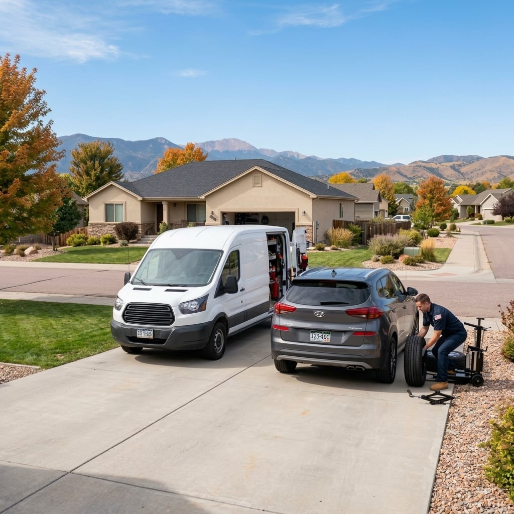 Wide-shot photography of a clean white Ford mobile service van wth no graphcs and a modern Hyundai crossover parked side-by-side in a concrete driveway of a suburban Colorado Springs home. A professional technician wearing a neat navy work uniform works near the rear tire of the crossover with professional mobile tire mounting equipment. Crisp natural daylight illuminates the modest single-story ranch home, concrete driveway, and neatly manicured suburban lawn, with the gentle contours of the Rocky Mountain foothills visible in the distance under a sunny clear sky. The scene is shot from an eye-level rule-of-thirds perspective with a warm early fall color palette, evoking convenience and reliable automotive service. (Representative image for illustration purposes only. Actual vehicle may vary based on trim and configuration.)