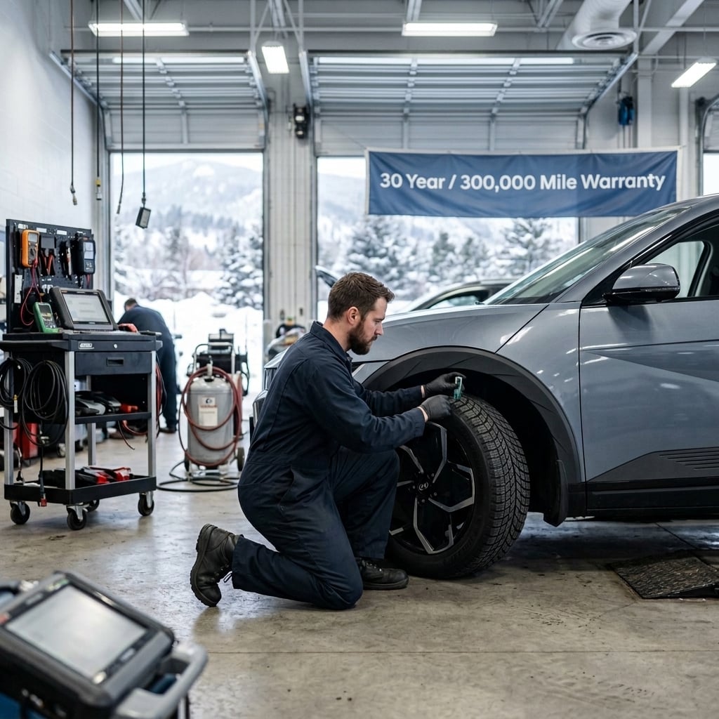An editorial photograph of a professional automotive technician in dark work attire kneeling to inspect the deep tread of specialized winter tires on a modern Hyundai electric SUV inside a brightly lit dealership service bay. The low eye-level shot focuses on the technician checking the front tire tread, with technical diagnostic equipment neatly placed nearby. Soft, diffused overhead bay lighting highlights the textured tread pattern of the cold-weather tires and the clean alloy wheel. Through an open bay door in the background, a chilly Colorado winter day is visible with snow-covered terrain. The scene uses a cool color palette of navy, slate grey, and crisp white, evoking a professional winter maintenance setting with no logos, readable text, or license plates. (Representative image for illustration purposes only. Actual vehicle may vary based on trim and configuration.)