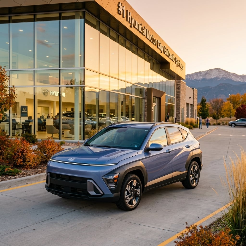 A vibrant 2027 Hyundai Kona compact crossover parked at a three-quarters front angle on a clean paved lot directly in front of a modern dealership showroom. The commercial automotive building features sweeping glass walls that reflect the warm, clear autumn sky. In the far distance, the subtle silhouette of the Rocky Mountain foothills grounds the scene in an authentic Colorado Springs setting. Bright, natural golden-hour sunlight washes over the vehicle, highlighting its sculpted side profile, crisp front LED lighting signature, and metallic finish. The composition is clean and inviting, capturing a polished commercial aesthetic with soft warm light and sharp detail throughout. No text, license plates, or brand emblems are present. (Representative image for illustration purposes only. Actual vehicle may vary based on trim and configuration.)