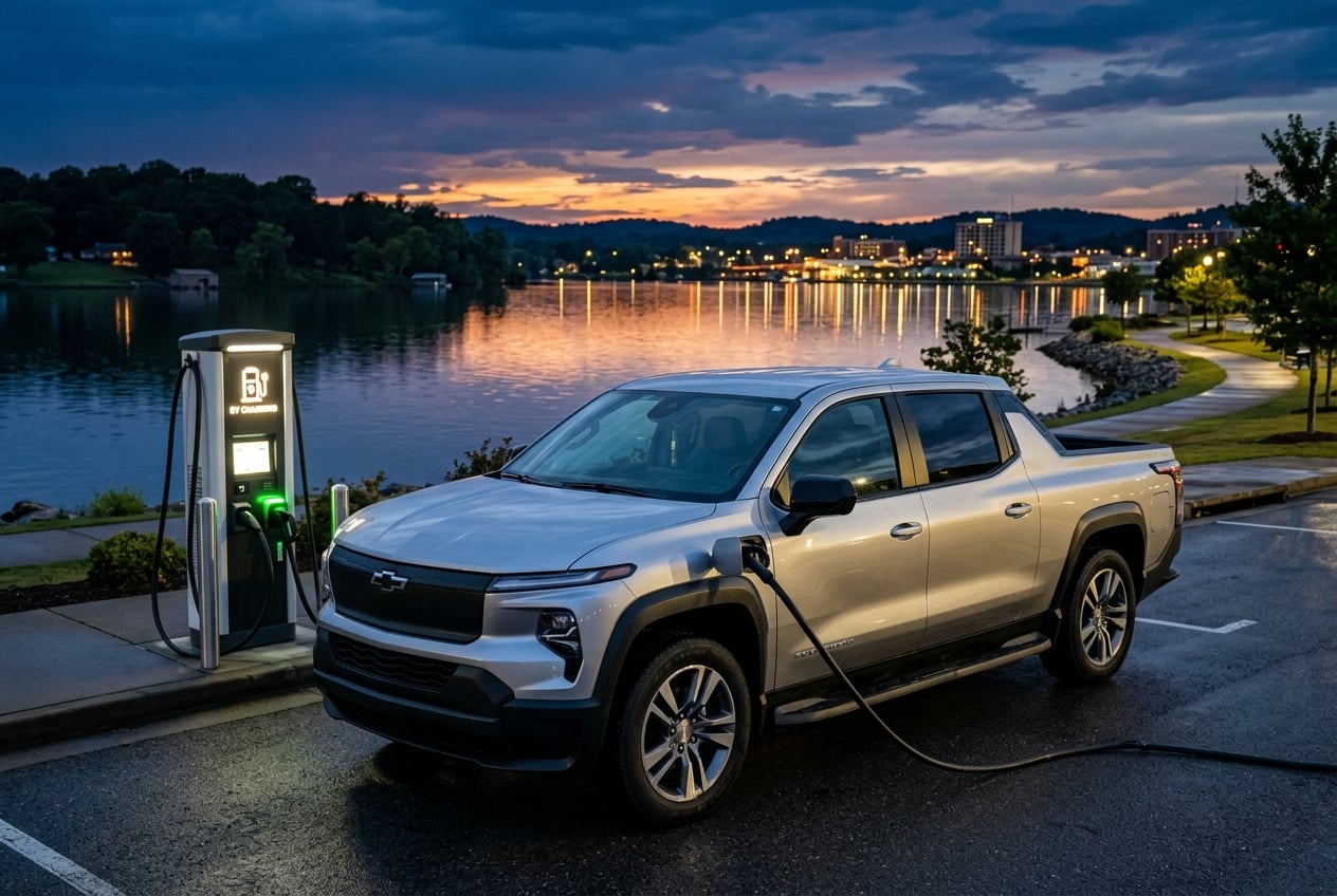2027 Chevrolet Silverado EV electric pickup in silver, dramatic front three-quarter view charging at a public EV charging station near the Lake Guntersville waterfront, Alabama, at dusk with city lights reflecting on the water, realistic photo, no people, no text or logos (Representative image for illustration purposes only. Actual vehicle may vary based on trim and configuration.)