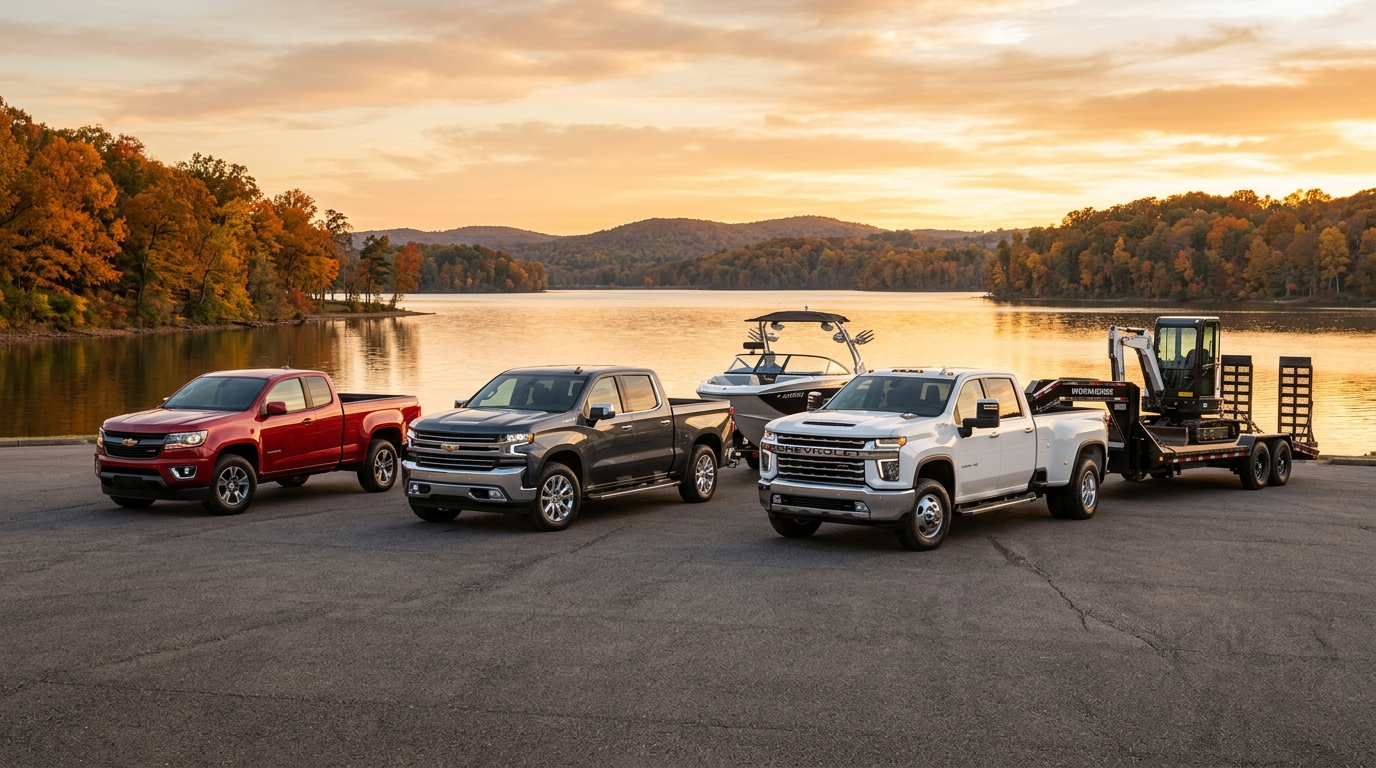 Three Chevrolet pickup trucks lined up by a lake at sunset, towing a boat and an excavator trailer. (Representative image for illustration purposes only. Actual vehicle may vary based on trim and configuration.)