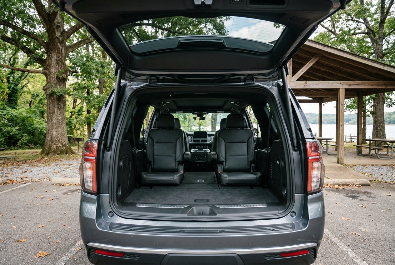 Interior of the 2027 Chevrolet Suburban showing spacious three-row seating in jet black leather with the rear liftgate open, parked at a shaded local park pavilion in Guntersville, Alabama, soft natural light, realistic photo, no people, no text or logos (Representative image for illustration purposes only. Actual vehicle may vary based on trim and configuration.)