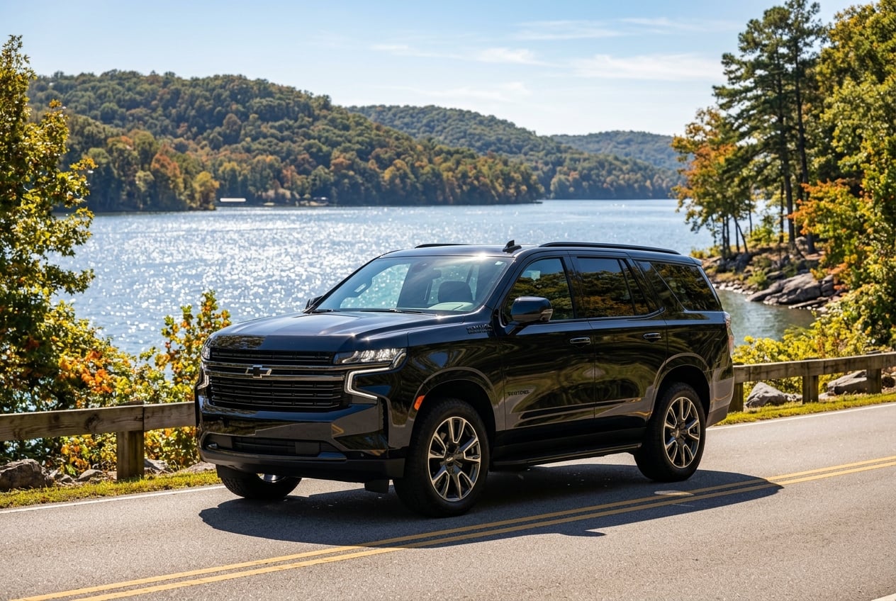 2027 Chevrolet Tahoe in black, front three-quarter hero view on a lakeside road along Lake Guntersville, Alabama, wooded hills and sparkling water behind, crisp morning light, realistic photo, no people, no text or logos (Representative image for illustration purposes only. Actual vehicle may vary based on trim and configuration.)