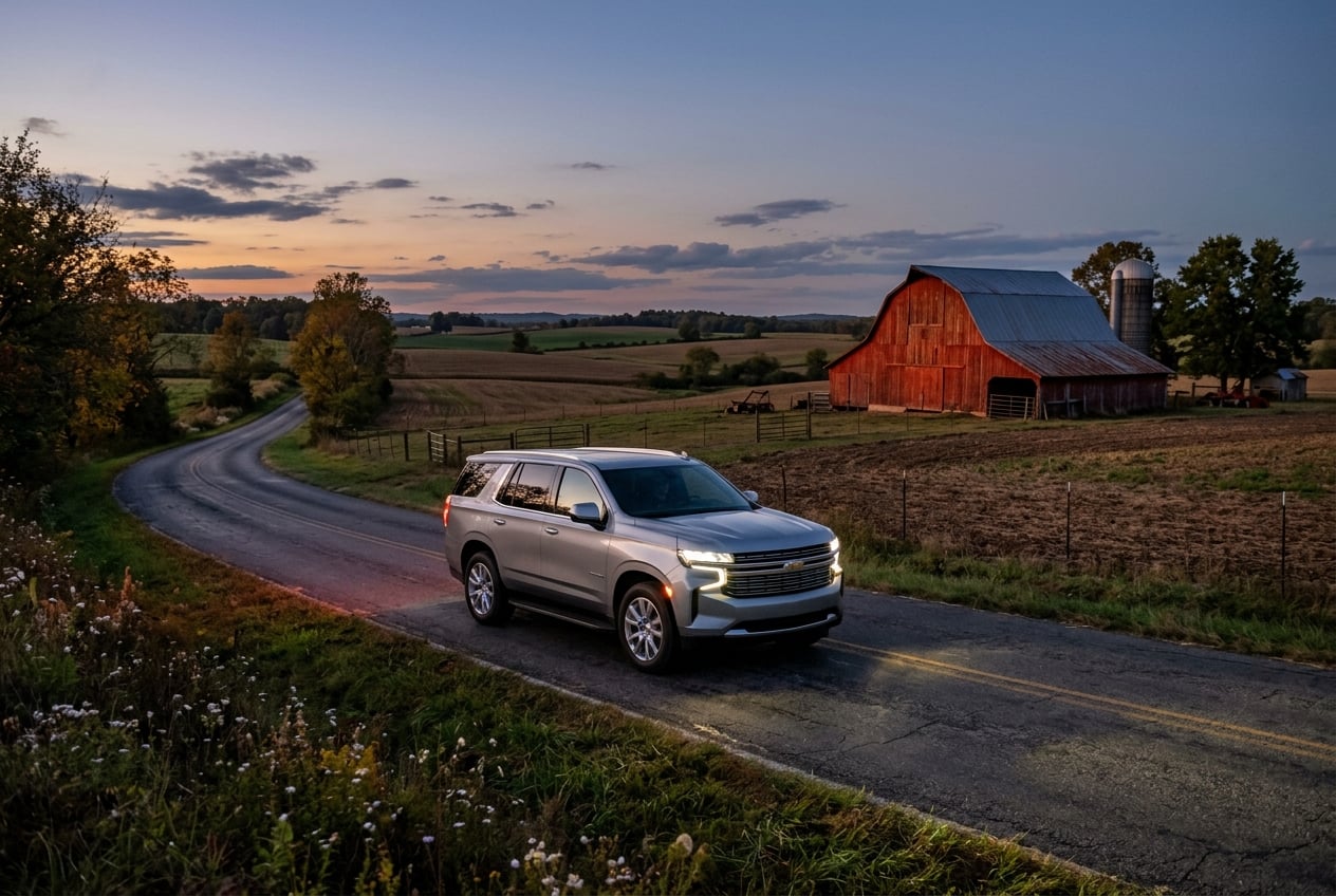 2027 Chevrolet Tahoe in silver driving on a quiet two-lane rural road past farm fields and a red barn near Crossville, Alabama at dusk with headlights on, realistic photo, no people, no text or logos (Representative image for illustration purposes only. Actual vehicle may vary based on trim and configuration.)