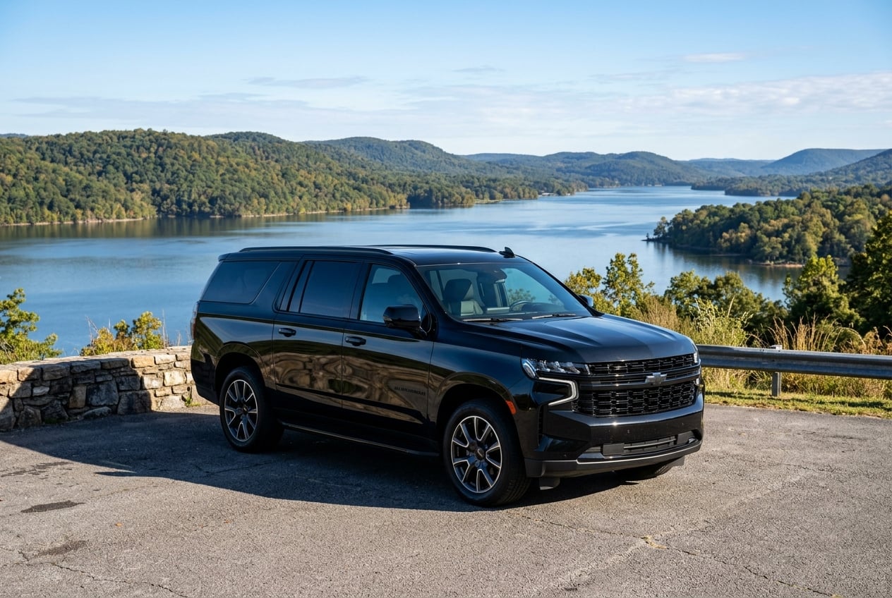 2027 Chevrolet Suburban in black, front three-quarter hero view parked on a lakeside overlook above Lake Guntersville, Alabama, wooded ridgelines and calm blue water behind, clear morning light, realistic photo, no people, no text or logos (Representative image for illustration purposes only. Actual vehicle may vary based on trim and configuration.)