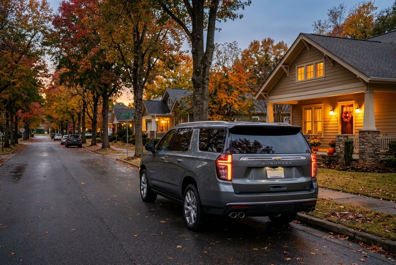 2027 Chevrolet Suburban in gray, rear three-quarter view parked on a quiet tree-lined residential street in Guntersville, Alabama at dusk with warm porch lights and fall foliage, realistic photo, no people, no text or logos (Representative image for illustration purposes only. Actual vehicle may vary based on trim and configuration.)