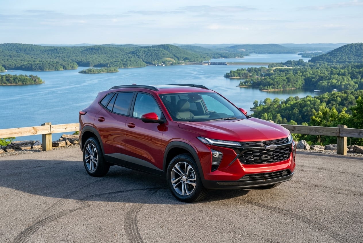 2027 Chevrolet Trailblazer Limited compact SUV in crimson red, front three-quarter hero view parked at a scenic overlook above Lake Guntersville, Alabama, wooded hills and blue water behind, bright morning light, realistic photo, no people, no text or logos (Representative image for illustration purposes only. Actual vehicle may vary based on trim and configuration.)