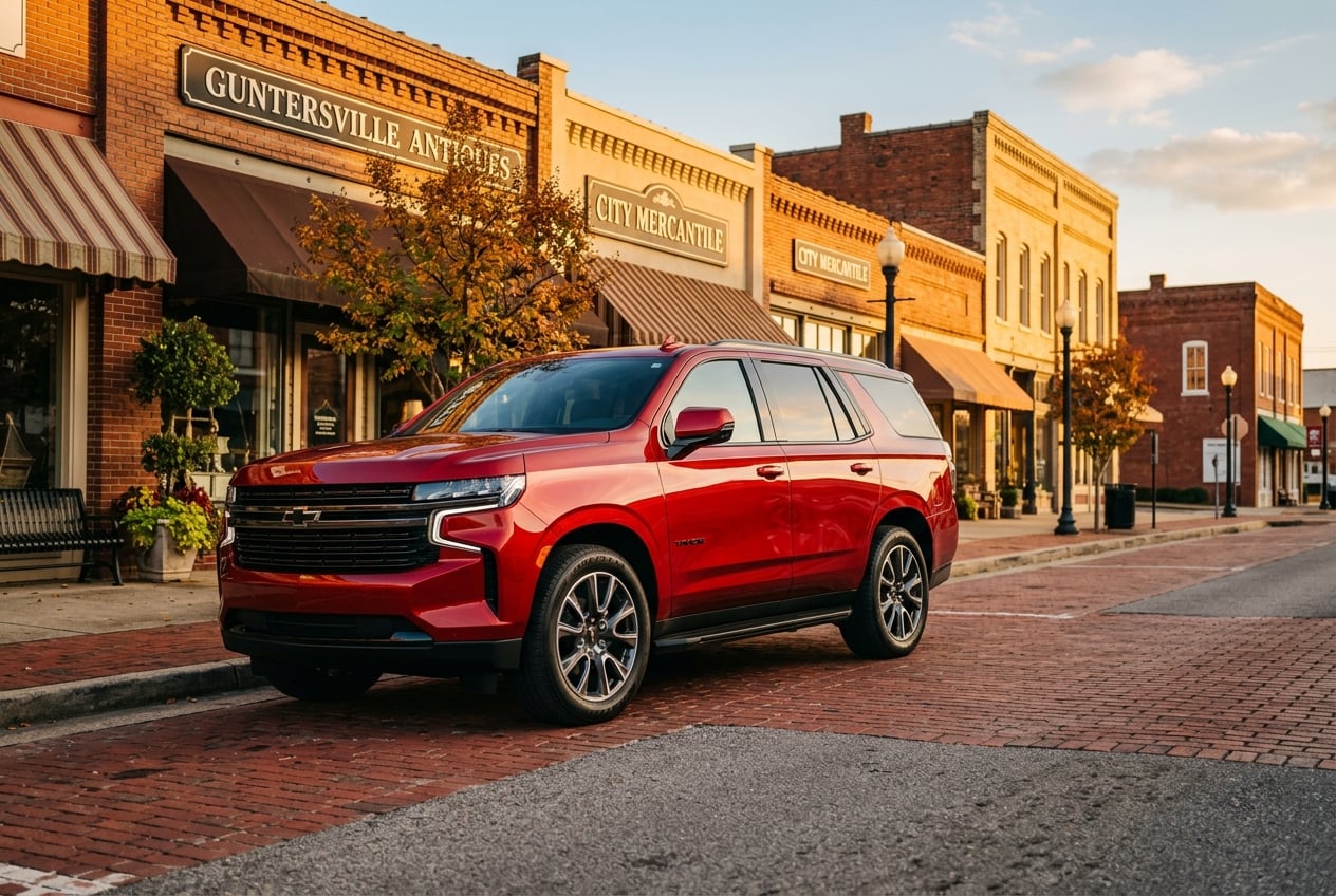 2027 Chevrolet Tahoe in radiant red, low-angle side profile showing bold styling, parked on a brick street in historic downtown Guntersville, Alabama with storefronts behind, golden hour light, realistic photo, no people, no text or logos (Representative image for illustration purposes only. Actual vehicle may vary based on trim and configuration.)
