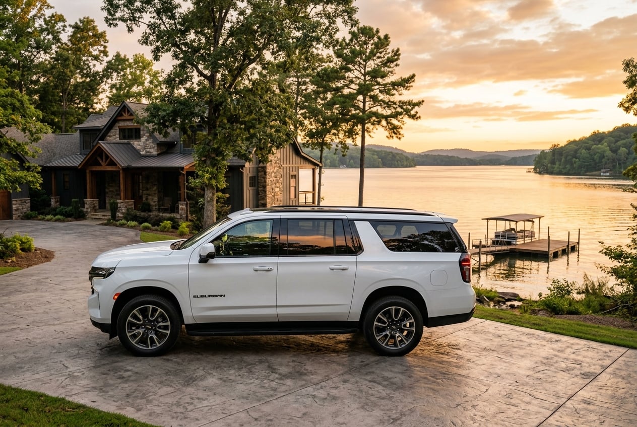 2027 Chevrolet Suburban in summit white, side profile showing bold exterior styling, parked in the driveway of a lakeside home with a boat dock on Lake Guntersville, Alabama, golden hour light, realistic photo, no people, no text or logos (Representative image for illustration purposes only. Actual vehicle may vary based on trim and configuration.)