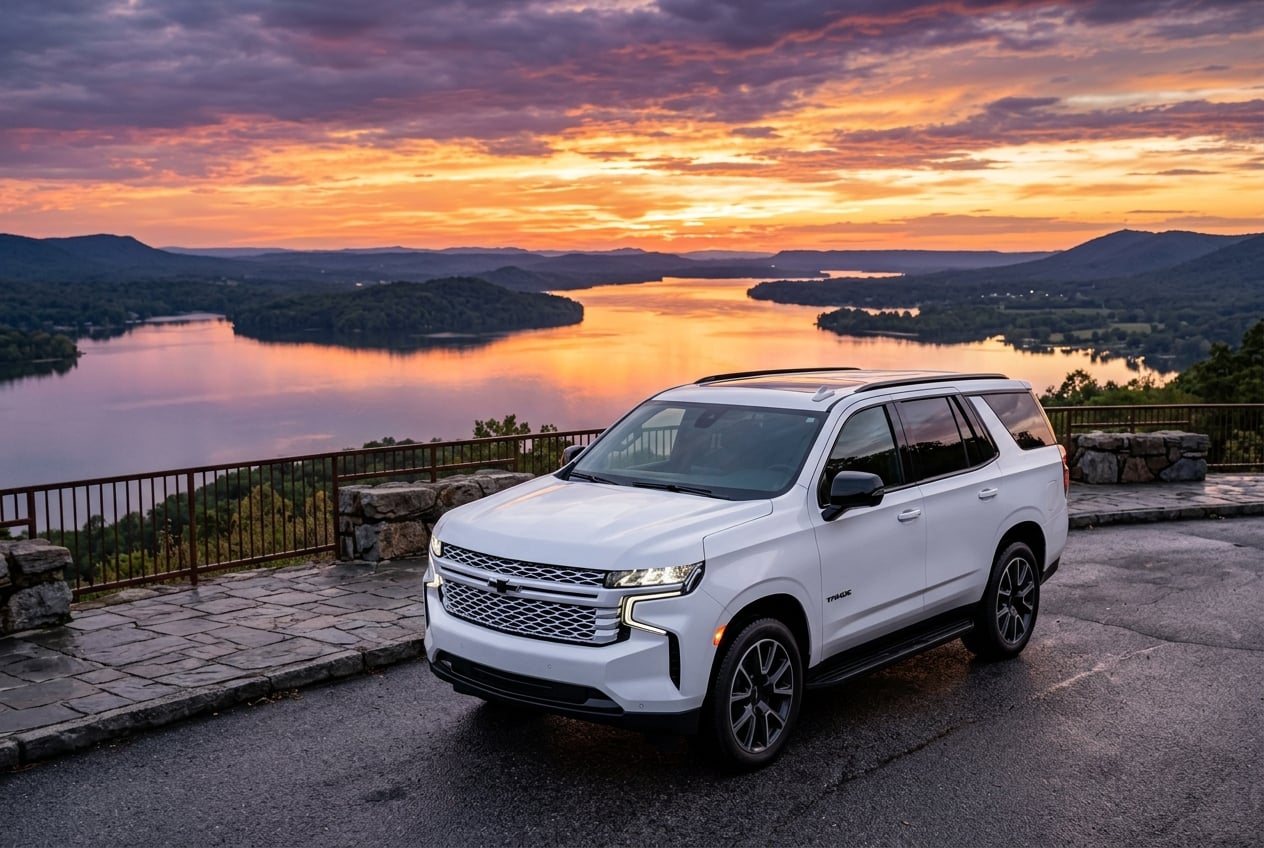 2027 Chevrolet Tahoe in summit white, dramatic front three-quarter view at sunset on a scenic overlook above Lake Guntersville, Alabama, orange and purple sky reflecting on the water, realistic photo, no people, no text or logos (Representative image for illustration purposes only. Actual vehicle may vary based on trim and configuration.)