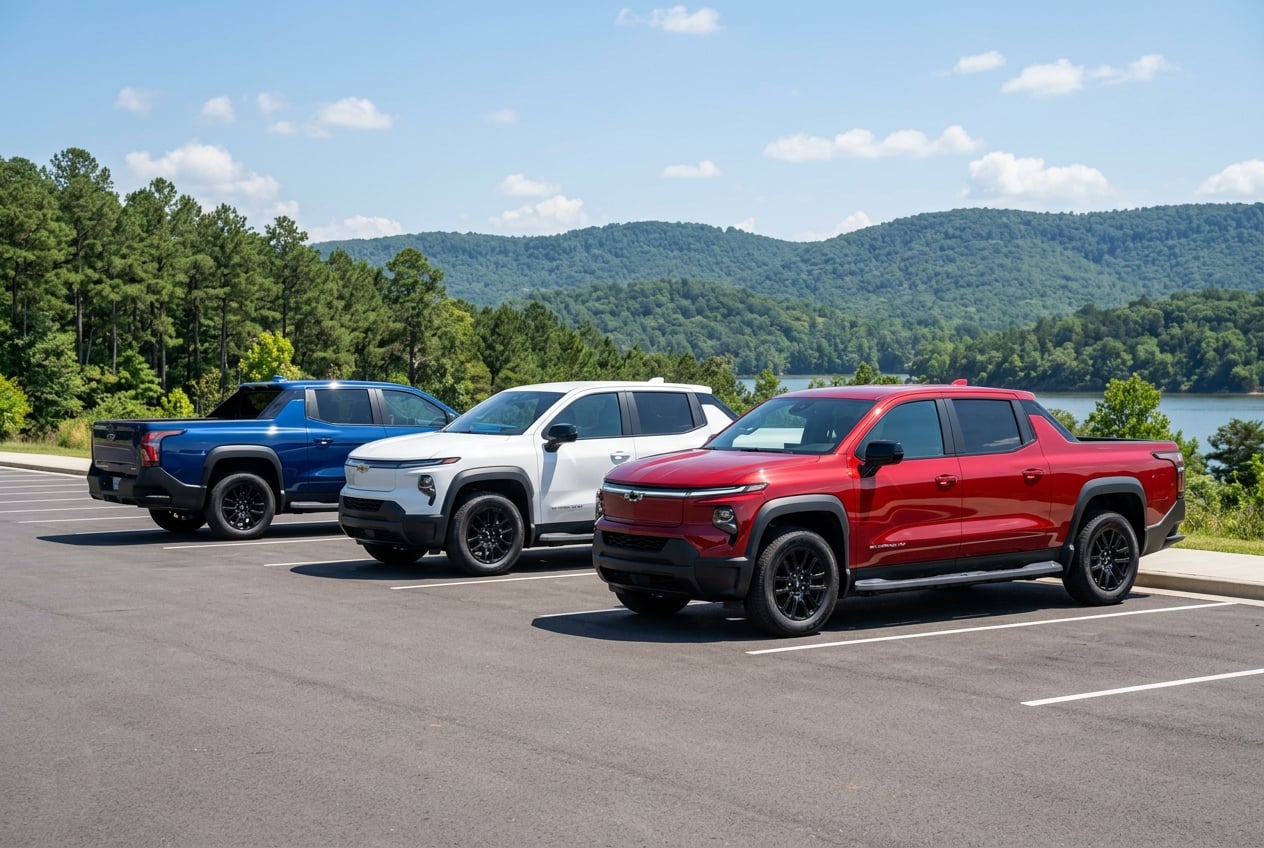 Three 2027 Chevrolet Silverado EV electric pickups in red, white, and blue lined up at angles on a clean paved lot in Guntersville, Alabama with pine-covered hills behind, clear midday sky, realistic photo, no people, no text or logos (Representative image for illustration purposes only. Actual vehicle may vary based on trim and configuration.)