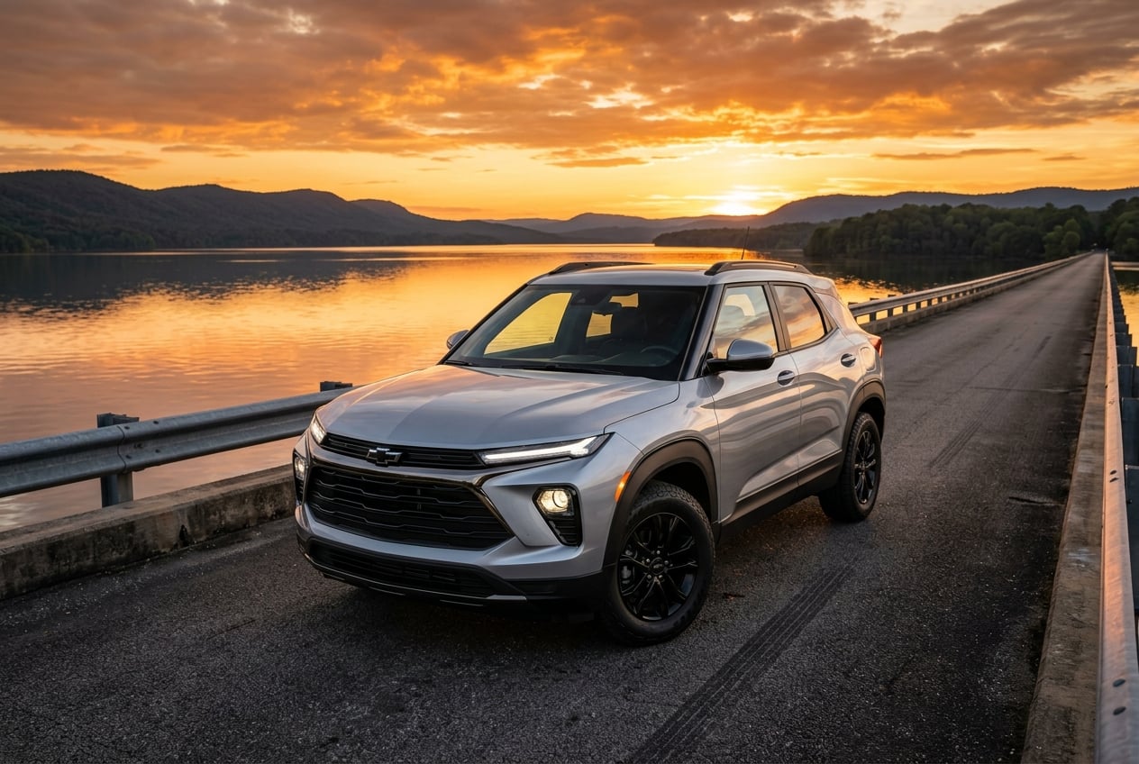 2027 Chevrolet Trailblazer Limited compact SUV in silver, dramatic low-angle front three-quarter view at sunset on a causeway over Lake Guntersville, Alabama, orange sky reflecting on the water, realistic photo, no people, no text or logos (Representative image for illustration purposes only. Actual vehicle may vary based on trim and configuration.)