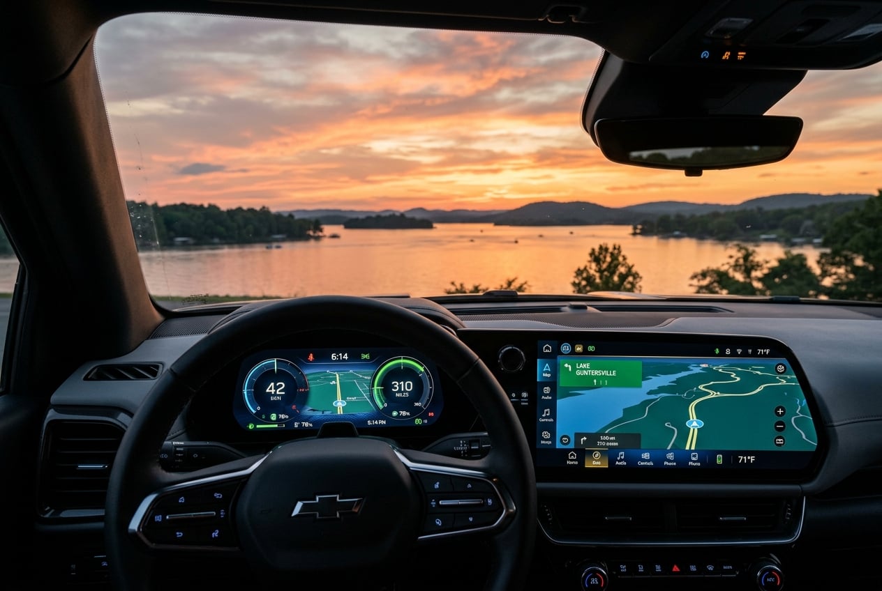 Close-up of the 2027 Chevrolet Silverado EV dashboard with the large digital instrument cluster and center infotainment touchscreen glowing, view through the windshield of a Lake Guntersville sunset, Alabama, realistic photo, no people, no text or logos (Representative image for illustration purposes only. Actual vehicle may vary based on trim and configuration.)