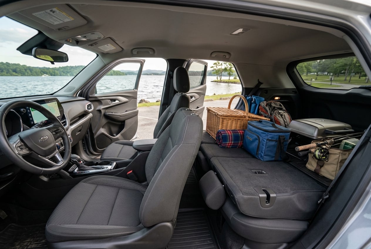 Interior cabin of the 2027 Chevrolet Trailblazer Limited showing comfortable front and rear seats, infotainment touchscreen and folded rear seats with picnic gear in the cargo area, parked at a Guntersville, Alabama lakeside park, soft daylight, realistic photo, no people, no text or logos (Representative image for illustration purposes only. Actual vehicle may vary based on trim and configuration.)