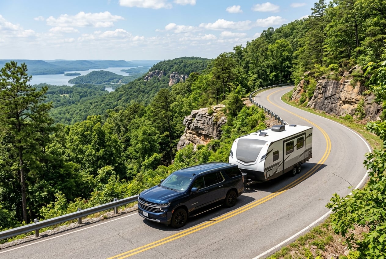 2027 Chevrolet Suburban in dark blue towing a camper trailer up a winding mountain road on Sand Mountain near Guntersville, Alabama, lush green forest and rocky bluffs, bright afternoon sun, realistic photo, no people, no text or logos (Representative image for illustration purposes only. Actual vehicle may vary based on trim and configuration.)