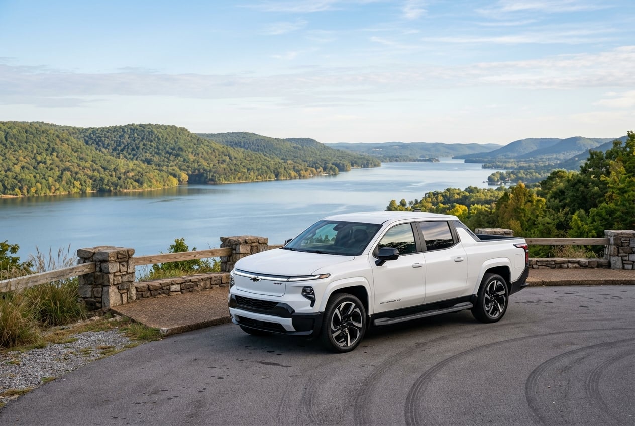 2027 Chevrolet Silverado EV electric pickup in summit white, front three-quarter hero view parked on a lakeside overlook above Lake Guntersville, Alabama, wooded ridges and calm blue water behind, bright morning light, realistic photo, no people, no text or logos (Representative image for illustration purposes only. Actual vehicle may vary based on trim and configuration.)
