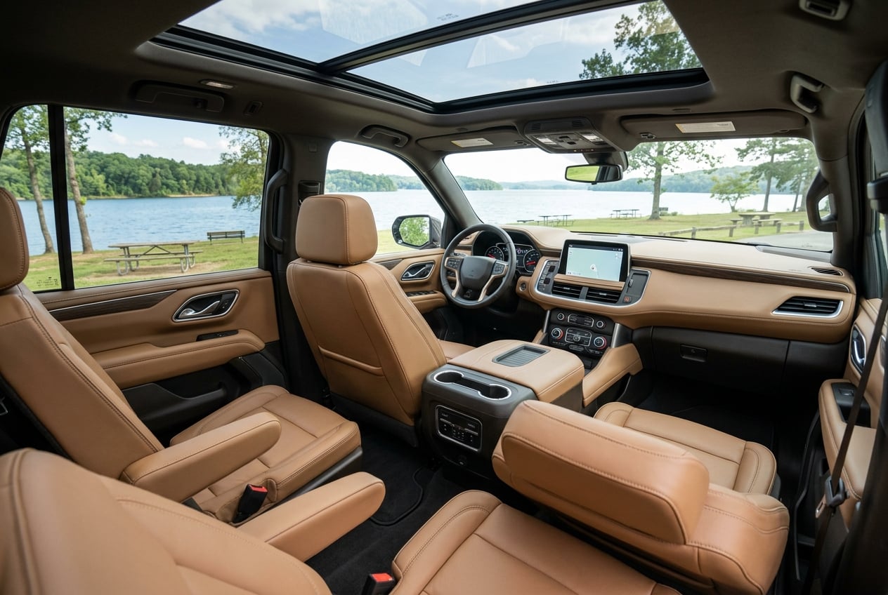 Interior cabin of the 2027 Chevrolet Tahoe showing spacious three rows of seating in tan leather, large dashboard touchscreen, panoramic windows looking out at a Lake Guntersville picnic area, soft daylight, realistic photo, no people, no text or logos (Representative image for illustration purposes only. Actual vehicle may vary based on trim and configuration.)