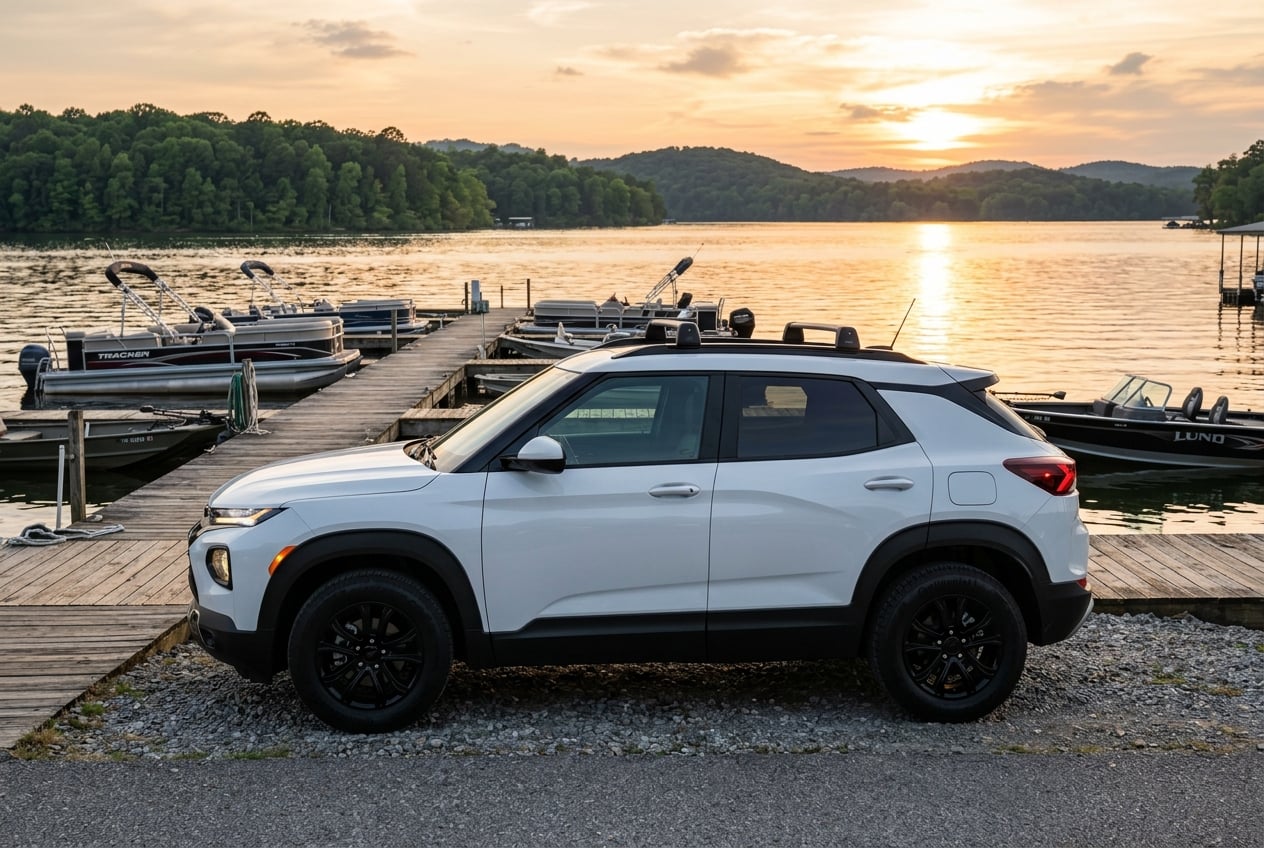 2027 Chevrolet Trailblazer Limited compact SUV in summit white, side profile showing its rugged styling, parked by a wooden boat dock on Lake Guntersville, Alabama, golden hour light, realistic photo, no people, no text or logos (Representative image for illustration purposes only. Actual vehicle may vary based on trim and configuration.)