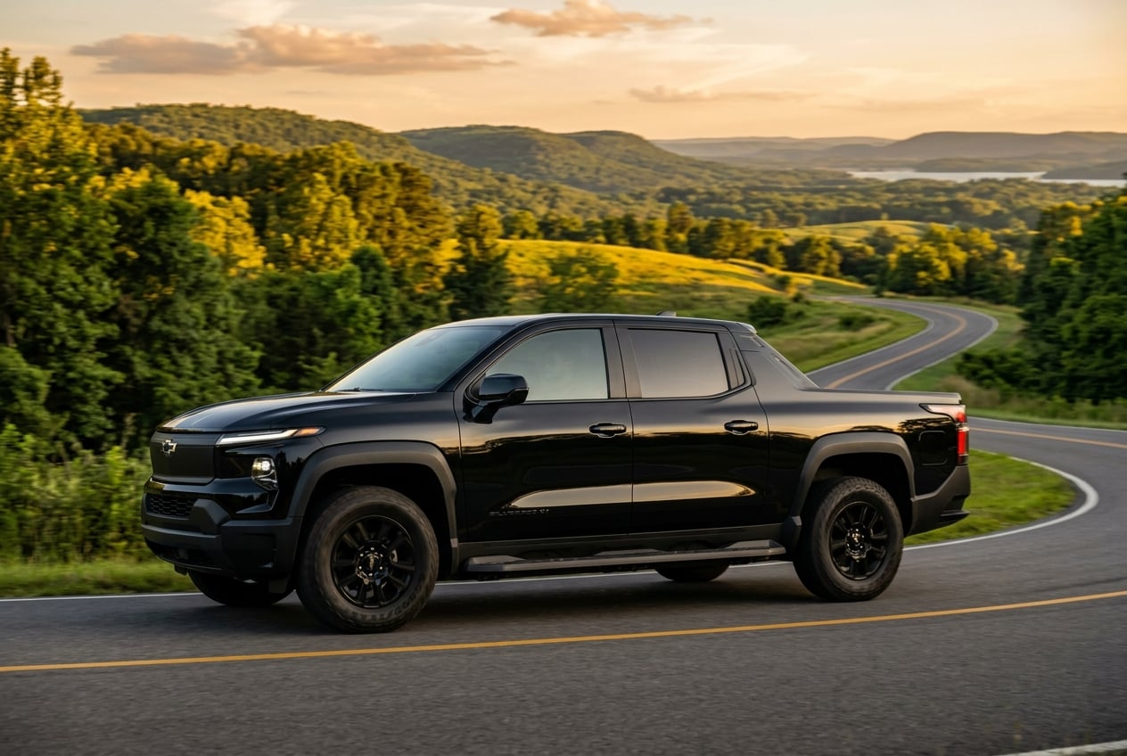 2027 Chevrolet Silverado EV electric pickup in black, low-angle side profile showing its rugged exterior design, on a winding road through rolling green hills near Guntersville, Alabama, golden hour light, realistic photo, no people, no text or logos (Representative image for illustration purposes only. Actual vehicle may vary based on trim and configuration.)