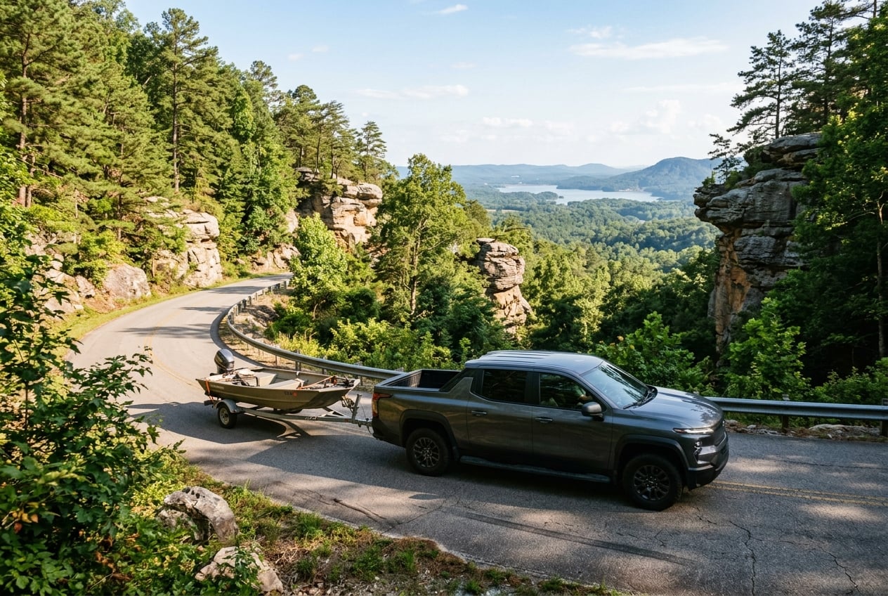 2027 Chevrolet Silverado EV electric pickup in dark gray towing a small boat trailer up a scenic mountain road on Sand Mountain near Guntersville, Alabama, forest and rocky bluffs, afternoon sun, realistic photo, no people, no text or logos (Representative image for illustration purposes only. Actual vehicle may vary based on trim and configuration.)