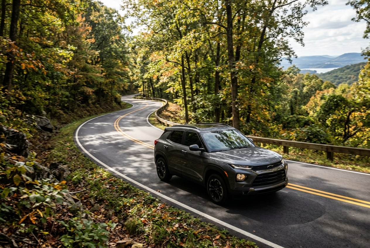 2027 Chevrolet Trailblazer Limited compact SUV in dark gray driving on a winding forest road over Sand Mountain near Guntersville, Alabama, dappled sunlight through hardwood trees, realistic photo, no people, no text or logos (Representative image for illustration purposes only. Actual vehicle may vary based on trim and configuration.)