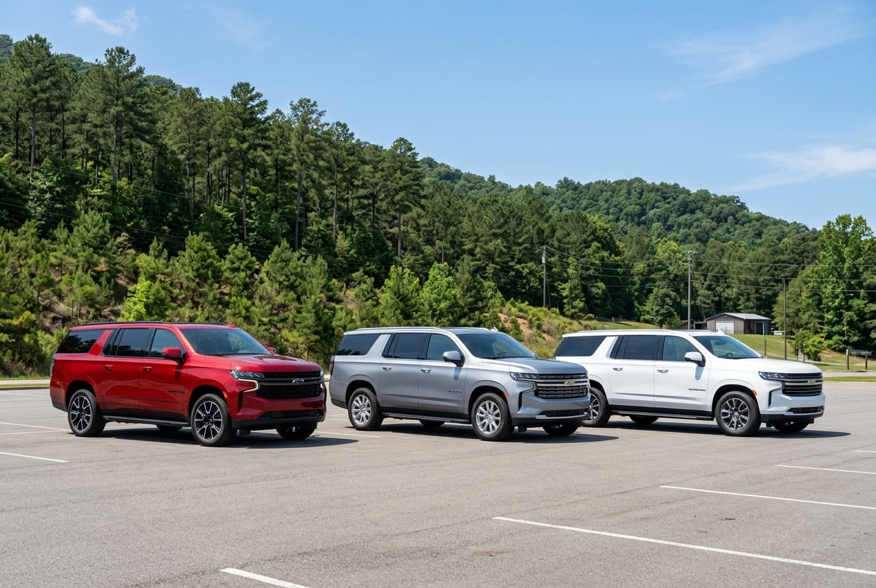 Three 2027 Chevrolet Suburban SUVs in different colors (red, silver, and white) lined up at angles on a clean paved lot in Guntersville, Alabama with a pine-covered hillside behind, clear midday sky, realistic photo, no people, no text or logos (Representative image for illustration purposes only. Actual vehicle may vary based on trim and configuration.)