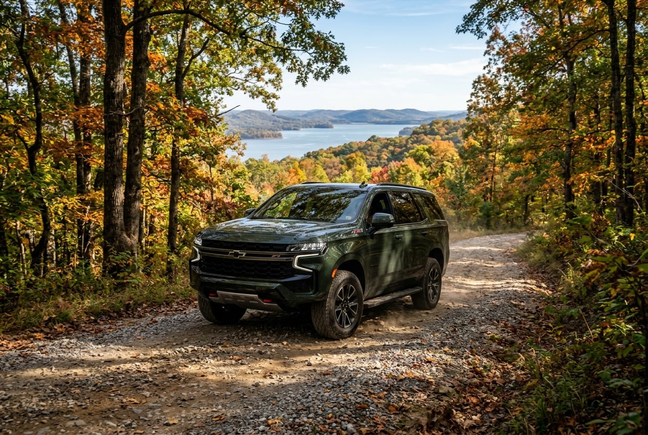 2027 Chevrolet Tahoe Z71 in dark green driving on a gravel forest trail through rolling hills near Lake Guntersville State Park, Alabama, dappled sunlight through hardwood trees, realistic photo, no people, no text or logos (Representative image for illustration purposes only. Actual vehicle may vary based on trim and configuration.)