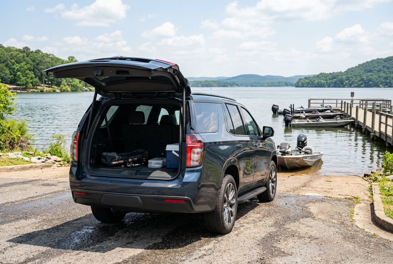 2027 Chevrolet Tahoe in dark blue, rear three-quarter view with the liftgate open at a boat launch on Lake Guntersville, Alabama, fishing boats and a wooden dock in the background, bright midday light, realistic photo, no people, no text or logos (Representative image for illustration purposes only. Actual vehicle may vary based on trim and configuration.)