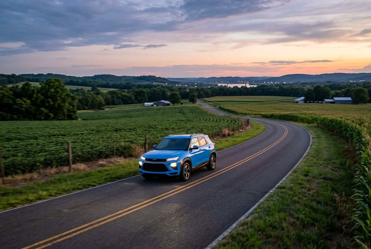 2027 Chevrolet Trailblazer Limited compact SUV in blue, driving on a quiet two-lane country road past farm fields near Guntersville, Alabama at dusk with headlights on, realistic photo, no people, no text or logos (Representative image for illustration purposes only. Actual vehicle may vary based on trim and configuration.)