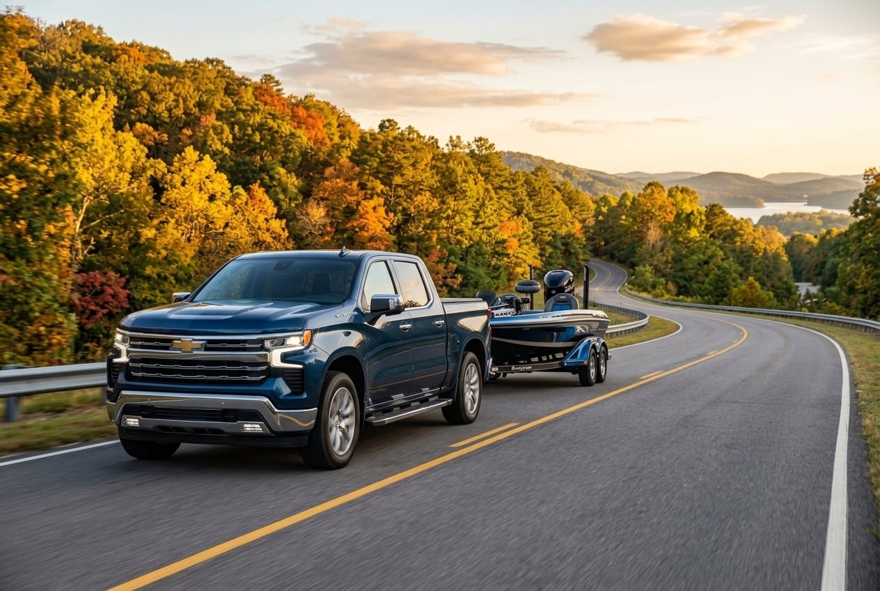 A crisp, commercial rear three-quarter photograph of a deep metallic blue 2027 Chevrolet Silverado 1500 crew cab towing a sleek fiberglass bass boat on a dual-axle trailer. The truck moves along a curving two-lane asphalt road through the scenic rolling hills of northeastern Alabama near Lake Guntersville. Warm late-afternoon golden hour sunlight filters through a canopy of lush oak and pine trees, creating soft dappled light on the roadway and highlighting the truck rear tailgate contour and sturdy bumper setup. Gentle hills and glimmers of water appear in the background under clear skies with early subtle autumn color accents in the surrounding woodland foliage. (Representative image for illustration purposes only. Actual vehicle may vary based on trim and configuration.)