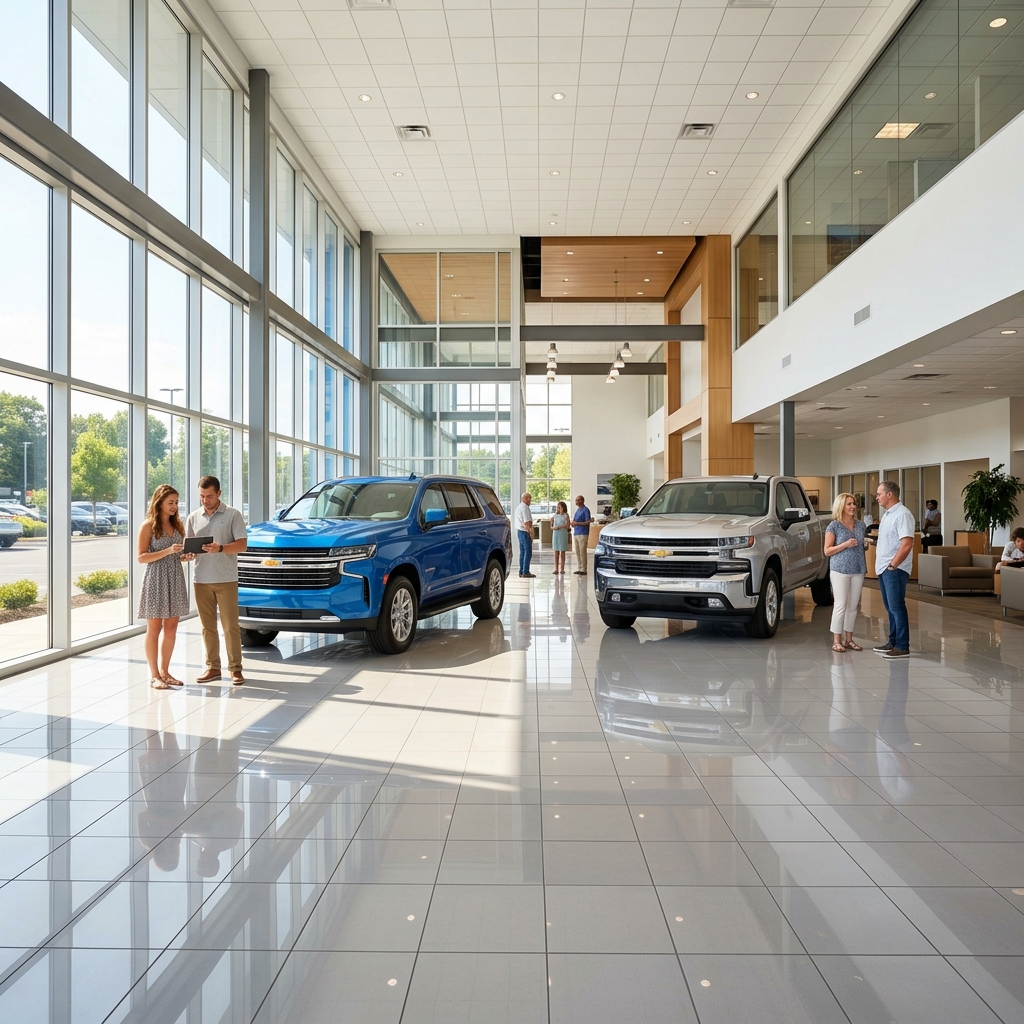 Customers and salespeople interact beside a blue SUV and silver truck in a modern car dealership showroom. (Representative image for illustration purposes only. Actual vehicle may vary based on trim and configuration.)