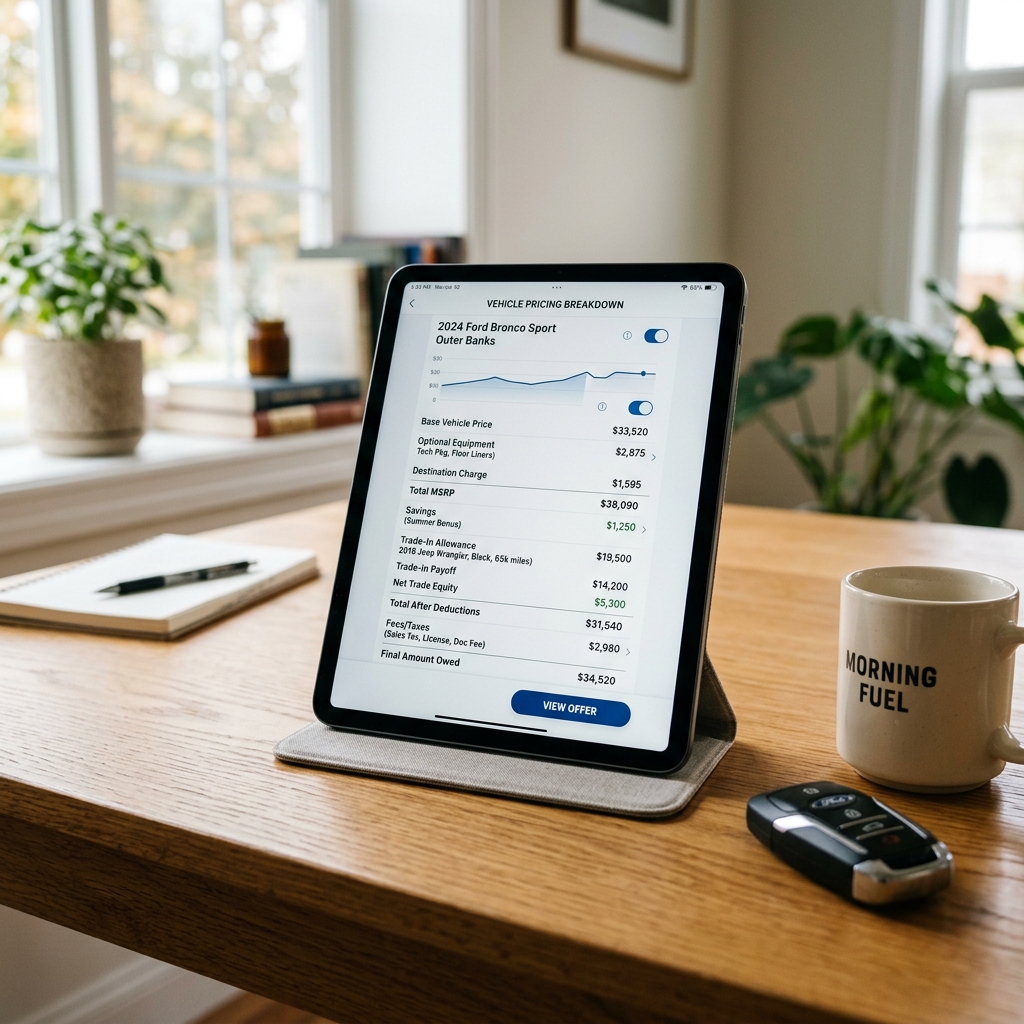 An iPad displaying a vehicle pricing breakdown on a wooden desk alongside a coffee mug, car key, and notebook. (Representative image for illustration purposes only. Actual vehicle may vary based on trim and configuration.)