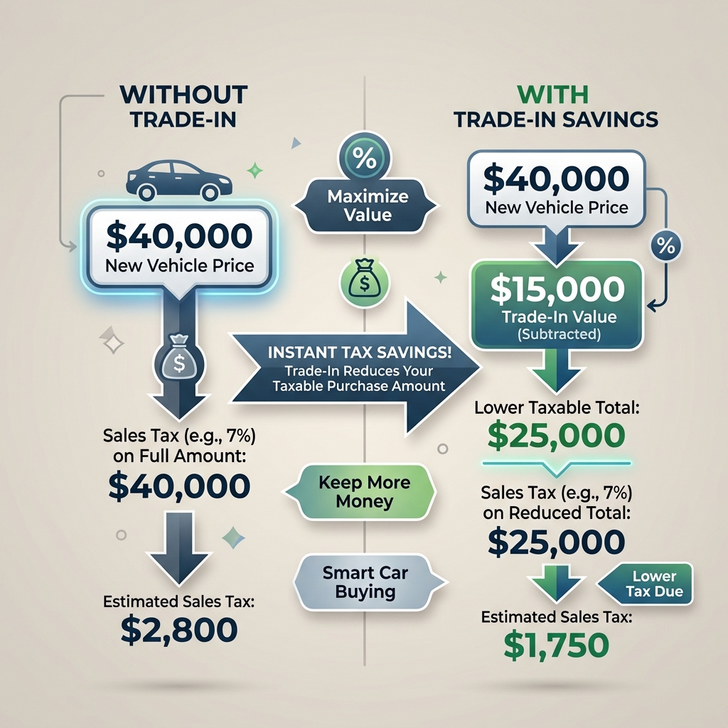 Infographic comparing sales tax on a $40,000 car purchase with and without a $15,000 vehicle trade-in. (Representative image for illustration purposes only. Actual vehicle may vary based on trim and configuration.)