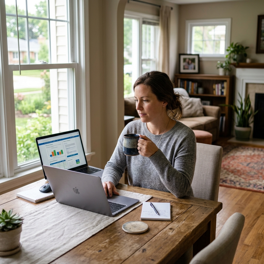 Woman sitting at a wooden table drinking coffee while working on a laptop near a bright window. (Representative image for illustration purposes only. Actual vehicle may vary based on trim and configuration.)