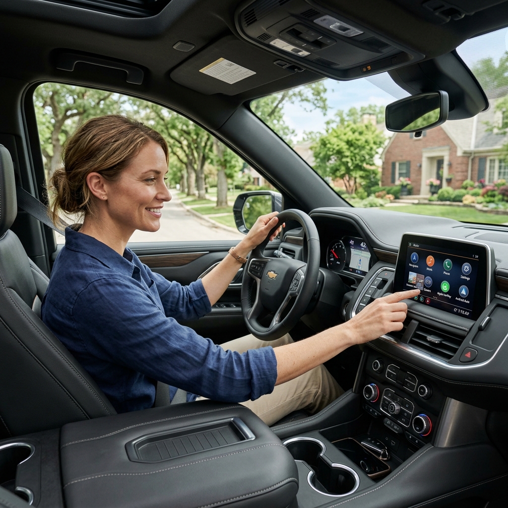 A woman smiling in a Chevrolet SUV driver's seat while using the central touchscreen infotainment display. (Representative image for illustration purposes only. Actual vehicle may vary based on trim and configuration.)