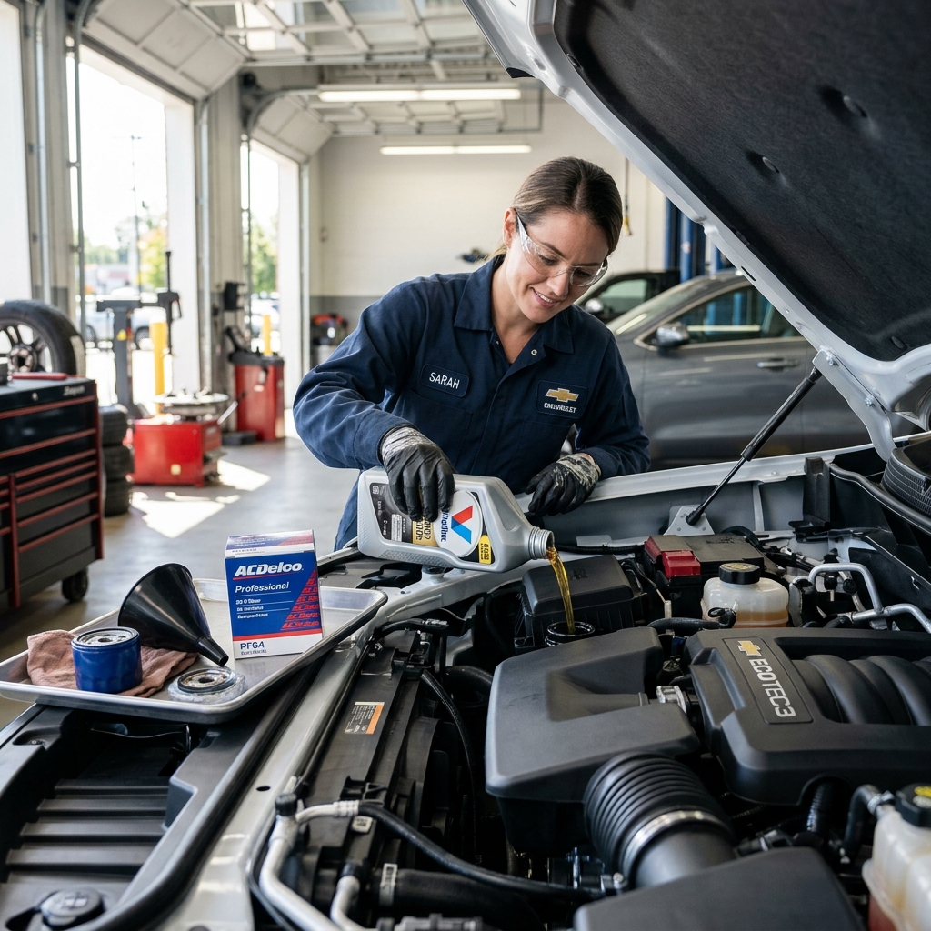 A female auto mechanic pours engine oil into a car's engine during a routine oil change in a service shop. (Representative image for illustration purposes only. Actual vehicle may vary based on trim and configuration.)
