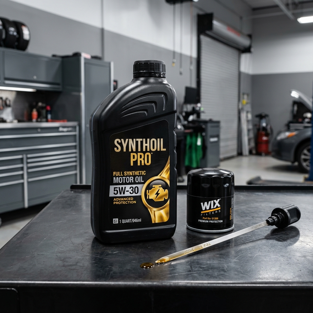 A bottle of 5W-30 motor oil, a Wix filter, and an oil dipstick on a metal garage workbench. (Representative image for illustration purposes only. Actual vehicle may vary based on trim and configuration.)